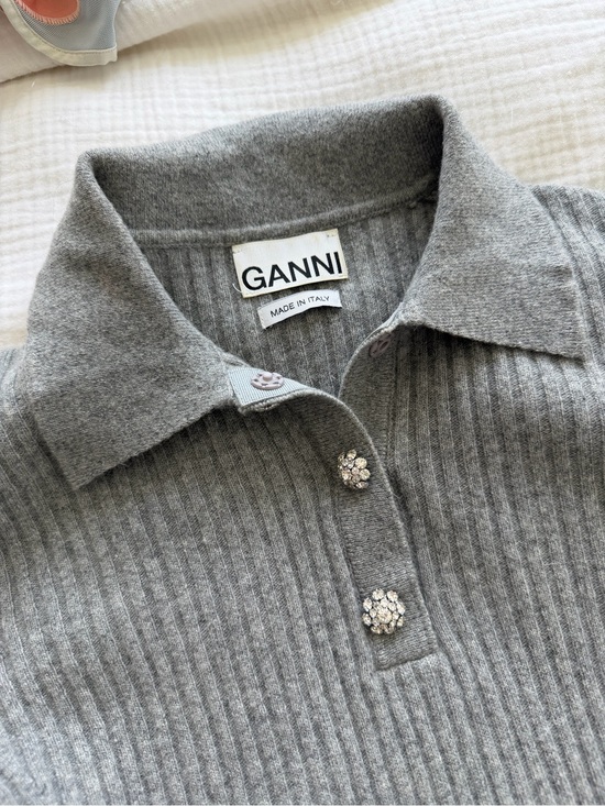 Ganni Tops - Ganni Grey Ribbed Polo with Crystal Cluster Buttons